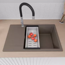 HD Onyx Tortora 78-XL egymedencés gránit mosogatótálca szett, csepegtetőtálcával, vágódeszkával, matt fekete csepegtetőráccsal és krómozott kosárral, tortora színben