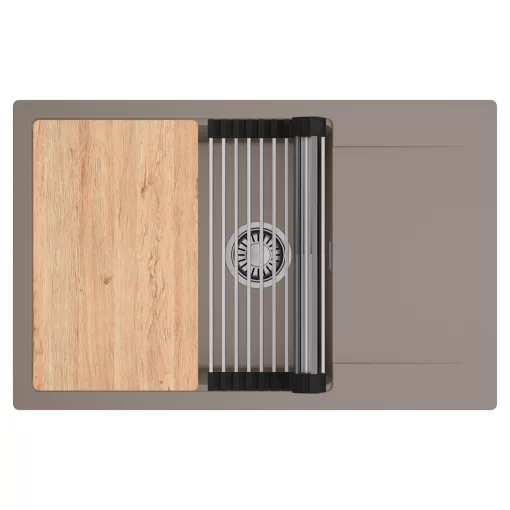 HD Onyx Tortora 78-XL egymedencés gránit mosogatótálca szett, csepegtetőtálcával, vágódeszkával, acél csepegtetőráccsal, tortora színben