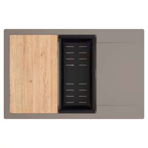 HD Onyx Tortora 78-XL egymedencés gránit mosogatótálca szett, csepegtetőtálcával, vágódeszkával, matt fekete csepegtetőkosárral, tortora színben