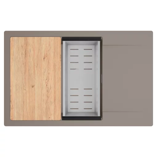 HD Onyx Tortora 78-XL egymedencés gránit mosogatótálca szett, csepegtetőtálcával, vágódeszkával, acél csepegtetőkosárral, tortora színben