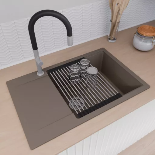 HD Onyx Tortora 78-XL egymedencés mosogatótálca szett, acél csepegtetőráccsal, csepegtetőtálcával, tortora színben