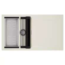 HD Onyx White 86 egymedencés mosogatótálca szett, matt fekete csepegtetőráccsal és krómozott kosárral, csepegtetőtálcával, tört fehér színben, szálcsiszolt króm leeresztő szifonnal