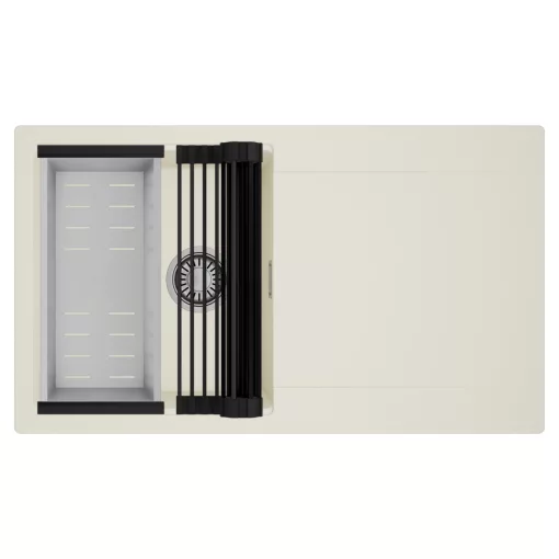 HD Onyx White 86 egymedencés mosogatótálca szett, matt fekete csepegtetőráccsal és krómozott kosárral, csepegtetőtálcával, tört fehér színben, szálcsiszolt króm leeresztő szifonnal