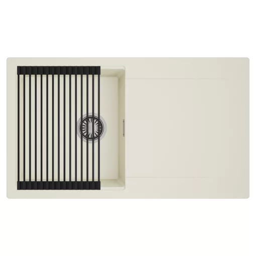 HD Onyx White 86 egymedencés mosogatótálca szett, matt fekete csepegtetőráccsal, csepegtetőtálcával, tört fehér színben, szálcsiszolt króm leeresztő szifonnal