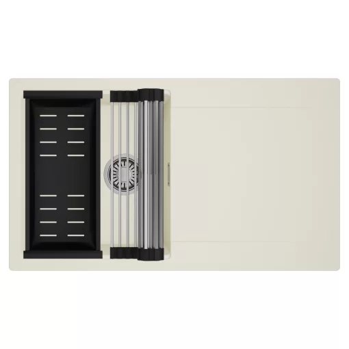 HD Onyx White 86 egymedencés mosogatótálca szett, acél csepegtetőráccsal és matt fekete kosárral, csepegtetőtálcával, tört fehér színben, szálcsiszolt króm leeresztő szifonnal