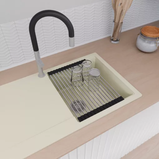 HD Onyx White 86 egymedencés mosogatótálca szett, acél csepegtetőráccsal és matt fekete kosárral, csepegtetőtálcával, tört fehér színben, szálcsiszolt króm leeresztő szifonnal