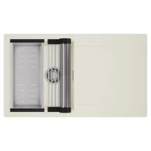 HD Onyx White 86 egymedencés mosogatótálca szett, acél csepegtetőráccsal és kosárral, csepegtetőtálcával, tört fehér színben, szálcsiszolt króm leeresztő szifonnal