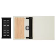 HD Onyx White 86 egymedencés gránit mosogatótálca szett, vágódeszkával, csepegtetőtálcával, vágódeszkával, matt fekete csepegtetőráccsal és kosárral, tört fehér színben, szálcsiszolt króm leeresztő szifonnal