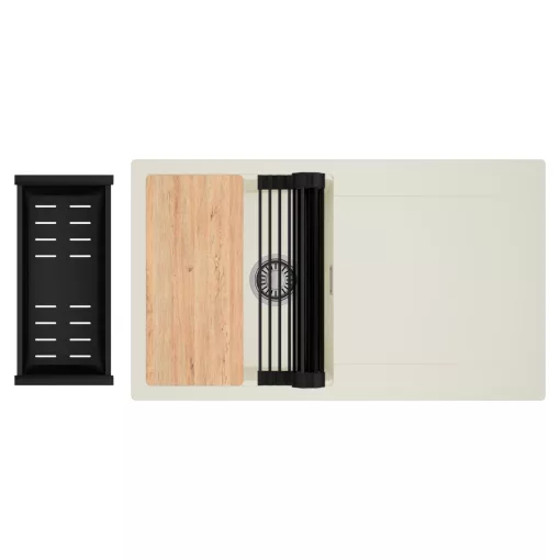 HD Onyx White 86 egymedencés gránit mosogatótálca szett, vágódeszkával, csepegtetőtálcával, vágódeszkával, matt fekete csepegtetőráccsal és kosárral, tört fehér színben, szálcsiszolt króm leeresztő szifonnal