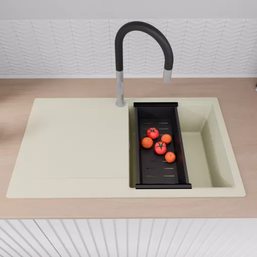 HD Onyx White 86 egymedencés gránit mosogatótálca szett, vágódeszkával, csepegtetőtálcával, vágódeszkával, matt fekete csepegtetőráccsal és kosárral, tört fehér színben, szálcsiszolt króm leeresztő szifonnal