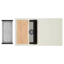 HD Onyx White 86 egymedencés gránit mosogatótálca szett, vágódeszkával, csepegtetőtálcával, vágódeszkával, matt fekete csepegtetőráccsal és krómozott kosárral, tört fehér színben, szálcsiszolt króm leeresztő szifonnal