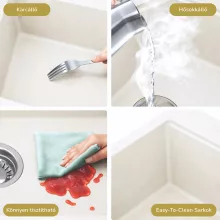 HD Onyx White 86 egymedencés gránit mosogatótálca szett, vágódeszkával, csepegtetőtálcával, vágódeszkával, matt fekete csepegtetőráccsal és krómozott kosárral, tört fehér színben, szálcsiszolt króm leeresztő szifonnal