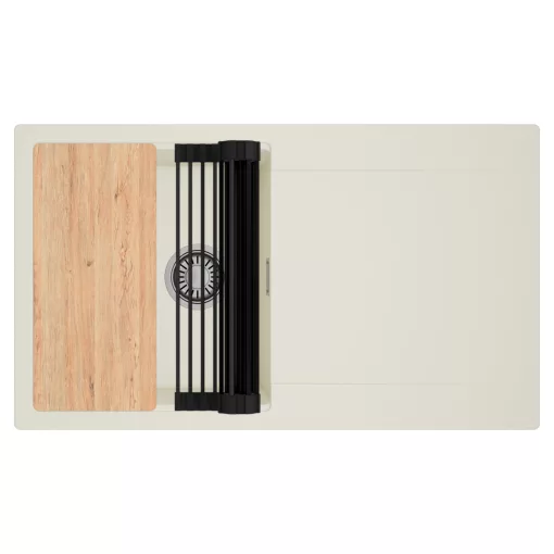 HD Onyx White 86 egymedencés gránit mosogatótálca szett, vágódeszkával, csepegtetőtálcával, vágódeszkával, matt fekete csepegtetőráccsal, tört fehér színben, szálcsiszolt króm leeresztő szifonnal