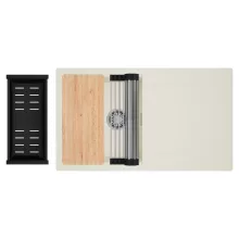 HD Onyx White 86 egymedencés gránit mosogatótálca szett, vágódeszkával, csepegtetőtálcával, vágódeszkával, acél csepegtetőráccsal és matt fekete kosárral, tört fehér színben, szálcsiszolt króm leeresztő szifonnal