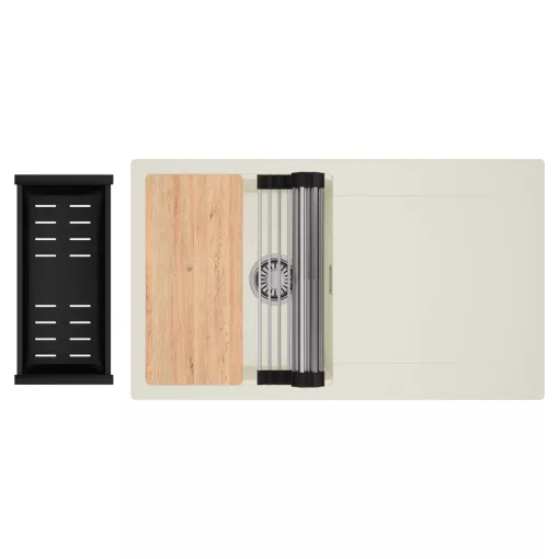 HD Onyx White 86 egymedencés gránit mosogatótálca szett, vágódeszkával, csepegtetőtálcával, vágódeszkával, acél csepegtetőráccsal és matt fekete kosárral, tört fehér színben, szálcsiszolt króm leeresztő szifonnal