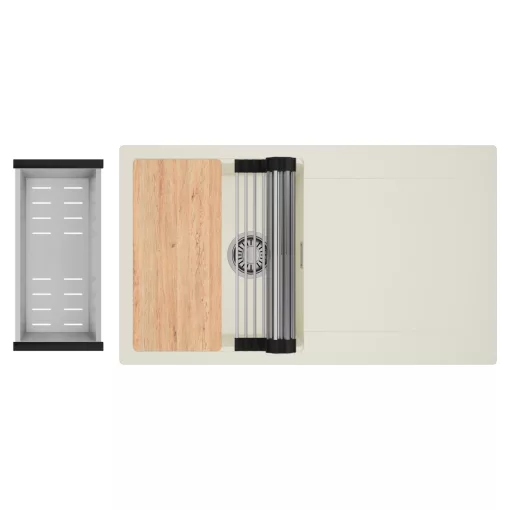 HD Onyx White 86 egymedencés gránit mosogatótálca szett, vágódeszkával, csepegtetőtálcával, vágódeszkával, acél csepegtetőráccsal és kosárral, tört fehér színben, szálcsiszolt króm leeresztő szifonnal