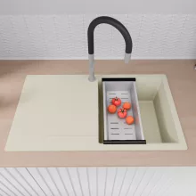 HD Onyx White 86 egymedencés gránit mosogatótálca szett, vágódeszkával, csepegtetőtálcával, vágódeszkával, acél csepegtetőráccsal és kosárral, tört fehér színben, szálcsiszolt króm leeresztő szifonnal