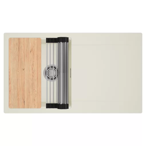 HD Onyx White 86 egymedencés gránit mosogatótálca szett, vágódeszkával, csepegtetőtálcával, vágódeszkával, acél csepegtetőráccsal, tört fehér színben, szálcsiszolt króm leeresztő szifonnal