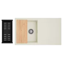 HD Onyx White 86 egymedencés gránit mosogatótálca szett, vágódeszkával, csepegtetőtálcával, vágódeszkával, matt fekete csepegtetőkosárral, tört fehér színben, szálcsiszolt króm leeresztő szifonnal