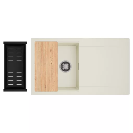 HD Onyx White 86 egymedencés gránit mosogatótálca szett, vágódeszkával, csepegtetőtálcával, vágódeszkával, matt fekete csepegtetőkosárral, tört fehér színben, szálcsiszolt króm leeresztő szifonnal