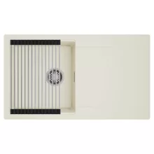 HD Onyx White 86 egymedencés mosogatótálca szett, acél csepegtetőráccsal, csepegtetőtálcával, tört fehér színben, szálcsiszolt króm leeresztő szifonnal