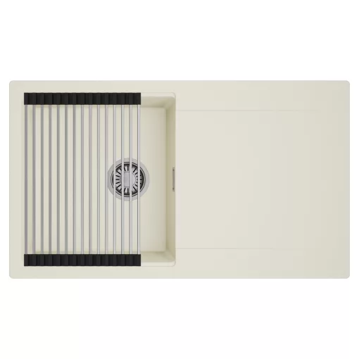 HD Onyx White 86 egymedencés mosogatótálca szett, acél csepegtetőráccsal, csepegtetőtálcával, tört fehér színben, szálcsiszolt króm leeresztő szifonnal