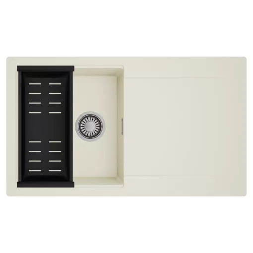 HD Onyx White 86 egymedencés mosogatótálca szett, matt fekete csepegtetőkosárral, csepegtetőtálcával, tört fehér színben, szálcsiszolt króm leeresztő szifonnal