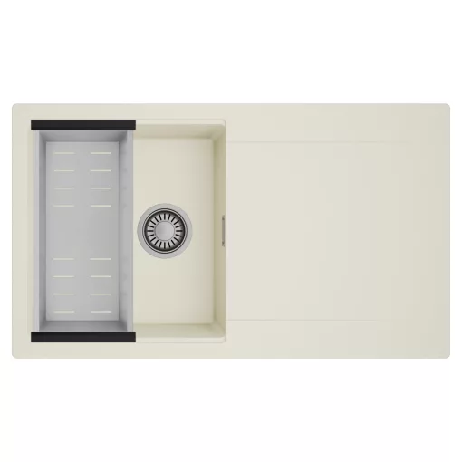 HD Onyx White 86 egymedencés mosogatótálca szett, acél csepegtetőkosárral, csepegtetőtálcával, tört fehér színben, szálcsiszolt króm leeresztő szifonnal