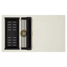 HD Onyx White 86 egymedencés mosogatótálca szett, matt fekete csepegtetőráccsal és kosárral, csepegtetőtálcával, tört fehér színben, szálcsiszolt arany leeresztő szifonnal