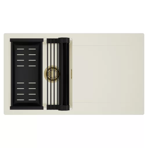 HD Onyx White 86 egymedencés mosogatótálca szett, matt fekete csepegtetőráccsal és kosárral, csepegtetőtálcával, tört fehér színben, szálcsiszolt arany leeresztő szifonnal