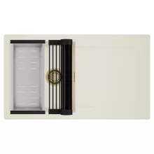 HD Onyx White 86 egymedencés mosogatótálca szett, matt fekete csepegtetőráccsal és krómozott kosárral, csepegtetőtálcával, tört fehér színben, szálcsiszolt arany leeresztő szifonnal