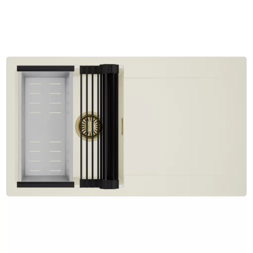 HD Onyx White 86 egymedencés mosogatótálca szett, matt fekete csepegtetőráccsal és krómozott kosárral, csepegtetőtálcával, tört fehér színben, szálcsiszolt arany leeresztő szifonnal