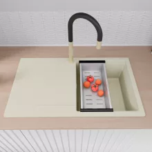 HD Onyx White 86 egymedencés mosogatótálca szett, matt fekete csepegtetőráccsal és krómozott kosárral, csepegtetőtálcával, tört fehér színben, szálcsiszolt arany leeresztő szifonnal