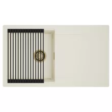 HD Onyx White 86 egymedencés mosogatótálca szett, matt fekete csepegtetőráccsal, csepegtetőtálcával, tört fehér színben, szálcsiszolt arany leeresztő szifonnal