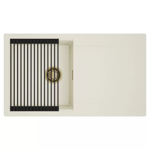 HD Onyx White 86 egymedencés mosogatótálca szett, matt fekete csepegtetőráccsal, csepegtetőtálcával, tört fehér színben, szálcsiszolt arany leeresztő szifonnal