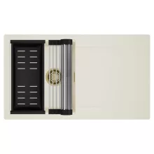 HD Onyx White 86 egymedencés mosogatótálca szett, acél csepegtetőráccsal és matt fekete kosárral, csepegtetőtálcával, tört fehér színben, szálcsiszolt arany leeresztő szifonnal