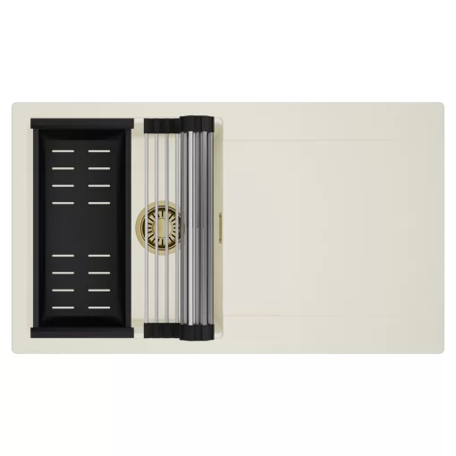 HD Onyx White 86 egymedencés mosogatótálca szett, acél csepegtetőráccsal és matt fekete kosárral, csepegtetőtálcával, tört fehér színben, szálcsiszolt arany leeresztő szifonnal