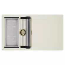 HD Onyx White 86 egymedencés mosogatótálca szett, acél csepegtetőráccsal és kosárral, csepegtetőtálcával, tört fehér színben, szálcsiszolt arany leeresztő szifonnal