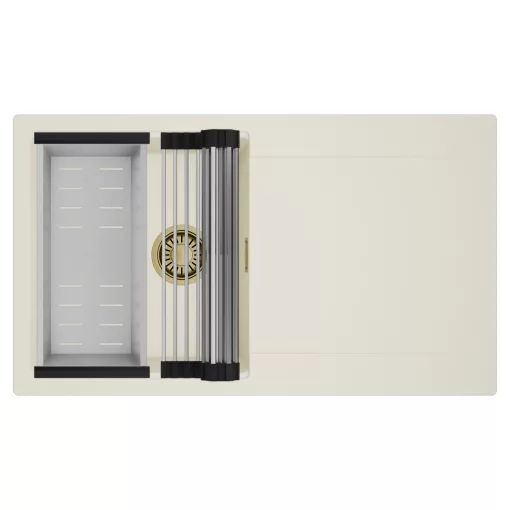 HD Onyx White 86 egymedencés mosogatótálca szett, acél csepegtetőráccsal és kosárral, csepegtetőtálcával, tört fehér színben, szálcsiszolt arany leeresztő szifonnal