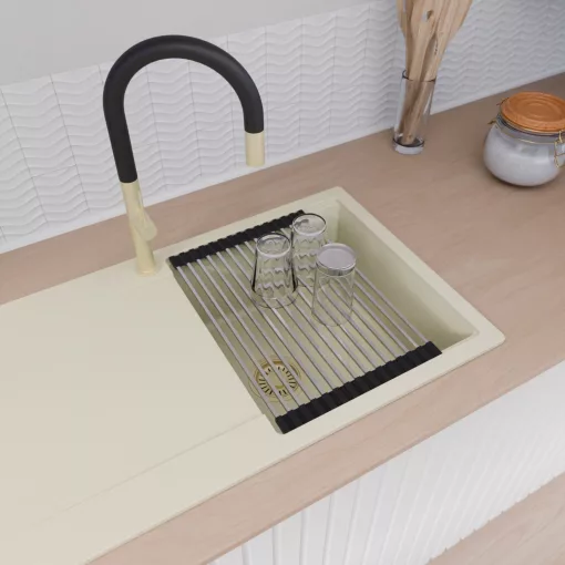 HD Onyx White 86 egymedencés mosogatótálca szett, acél csepegtetőráccsal és kosárral, csepegtetőtálcával, tört fehér színben, szálcsiszolt arany leeresztő szifonnal