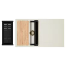 HD Onyx White 86 egymedencés gránit mosogatótálca szett, vágódeszkával, csepegtetőtálcával, vágódeszkával, matt fekete csepegtetőráccsal és kosárral, tört fehér színben, szálcsiszolt arany leeresztő szifonnal