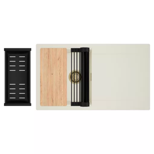 HD Onyx White 86 egymedencés gránit mosogatótálca szett, vágódeszkával, csepegtetőtálcával, vágódeszkával, matt fekete csepegtetőráccsal és kosárral, tört fehér színben, szálcsiszolt arany leeresztő szifonnal