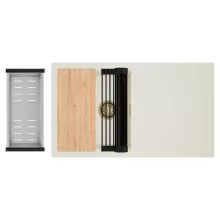 HD Onyx White 86 egymedencés gránit mosogatótálca szett, vágódeszkával, csepegtetőtálcával, vágódeszkával, matt fekete csepegtetőráccsal és krómozott kosárral, tört fehér színben, szálcsiszolt arany leeresztő szifonnal