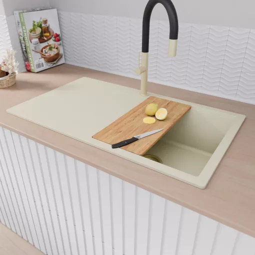 HD Onyx White 86 egymedencés gránit mosogatótálca szett, vágódeszkával, csepegtetőtálcával, vágódeszkával, matt fekete csepegtetőráccsal és krómozott kosárral, tört fehér színben, szálcsiszolt arany leeresztő szifonnal