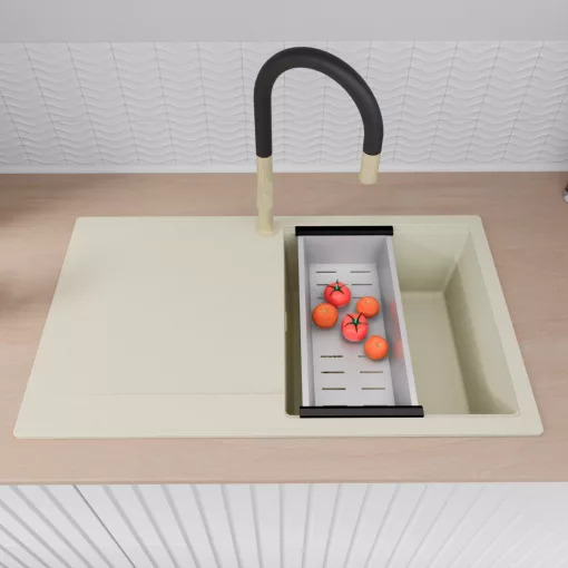 HD Onyx White 86 egymedencés gránit mosogatótálca szett, vágódeszkával, csepegtetőtálcával, vágódeszkával, matt fekete csepegtetőráccsal és krómozott kosárral, tört fehér színben, szálcsiszolt arany leeresztő szifonnal