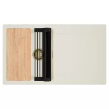 HD Onyx White 86 egymedencés gránit mosogatótálca szett, vágódeszkával, csepegtetőtálcával, vágódeszkával, matt fekete csepegtetőráccsal, tört fehér színben, szálcsiszolt arany leeresztő szifonnal