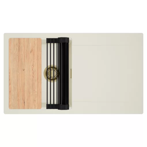 HD Onyx White 86 egymedencés gránit mosogatótálca szett, vágódeszkával, csepegtetőtálcával, vágódeszkával, matt fekete csepegtetőráccsal, tört fehér színben, szálcsiszolt arany leeresztő szifonnal