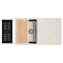 HD Onyx White 86 egymedencés gránit mosogatótálca szett, vágódeszkával, csepegtetőtálcával, vágódeszkával, acél csepegtetőráccsal és matt fekete kosárral, tört fehér színben, szálcsiszolt arany leeresztő szifonnal