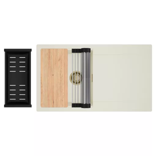 HD Onyx White 86 egymedencés gránit mosogatótálca szett, vágódeszkával, csepegtetőtálcával, vágódeszkával, acél csepegtetőráccsal és matt fekete kosárral, tört fehér színben, szálcsiszolt arany leeresztő szifonnal