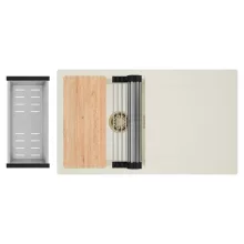 HD Onyx White 86 egymedencés gránit mosogatótálca szett, vágódeszkával, csepegtetőtálcával, vágódeszkával, acél csepegtetőráccsal és kosárral, tört fehér színben, szálcsiszolt arany leeresztő szifonnal